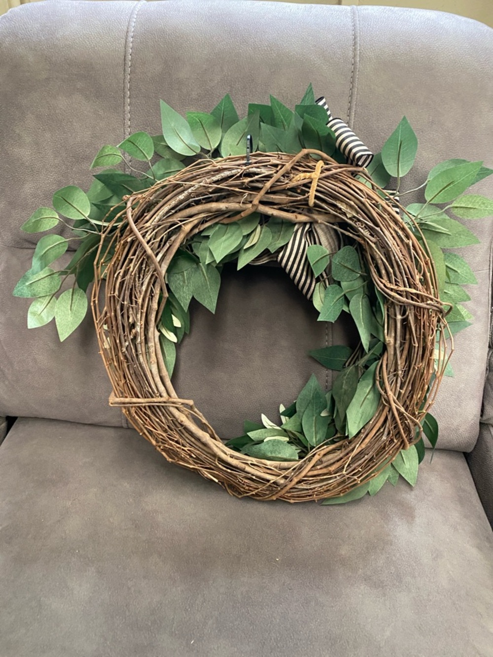 Green Willow Leaf Door Hanging Wreath with Striped Bow - Picture 4 of 5